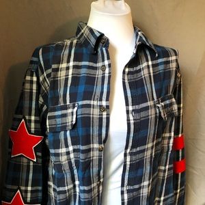 LF blue and white flannel with red patches